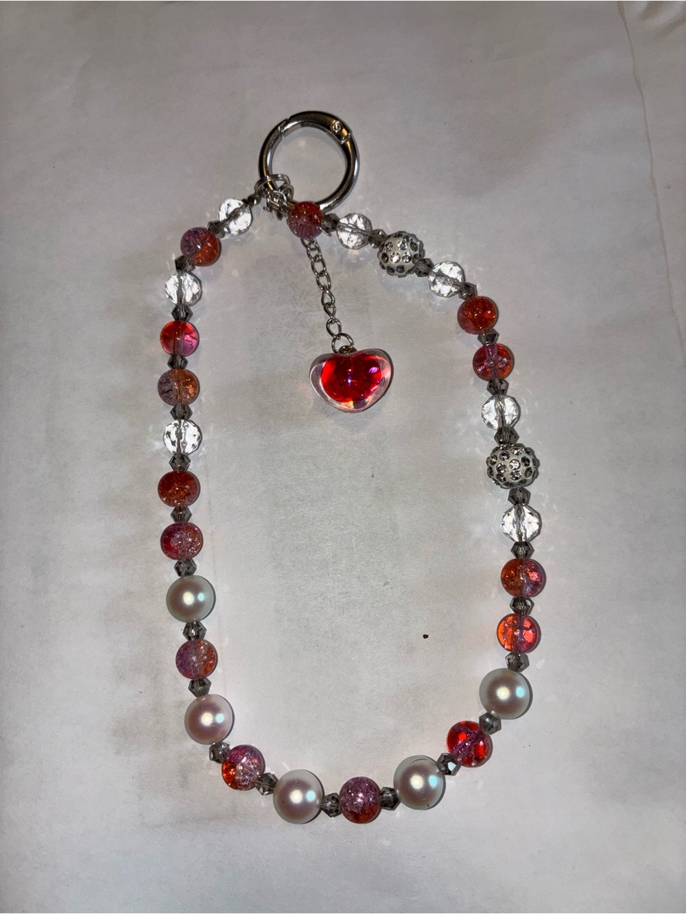 Red Beaded Heart Charm Key Ring with Pearl Accents